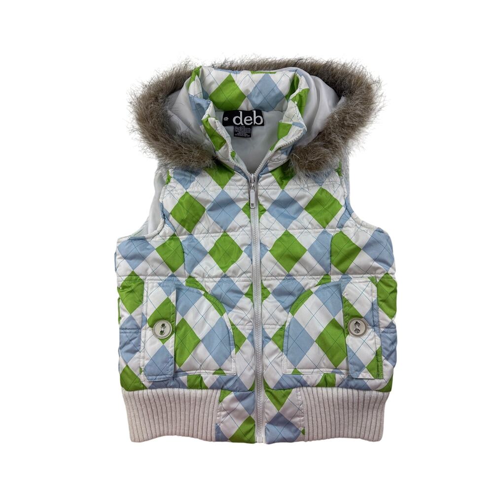 VIntage Y2k Deb Shop Puffer Vest Fur Hood Coat Diamond Print Womens Large